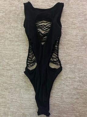 iHeartRaves Black Strappy Cutout High-Cut One-Piece